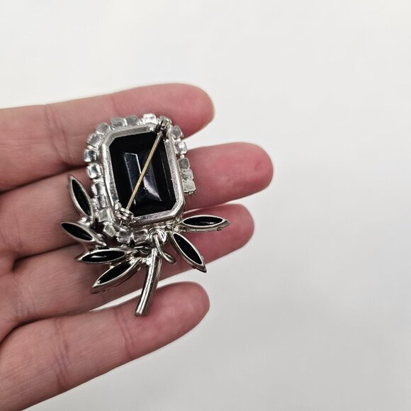 Vintage Silver Tone Black AB Rhinestone Brooch Aurora Borealis Open Back - Picture 7 of 8